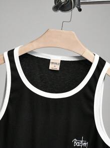 SHEIN Forever 21 Men's Black And White Contrasting Letters Embroidered Black Muscle Top Summer Cool/Summer Vacation/Leisure/Tight - Black and White - View 3