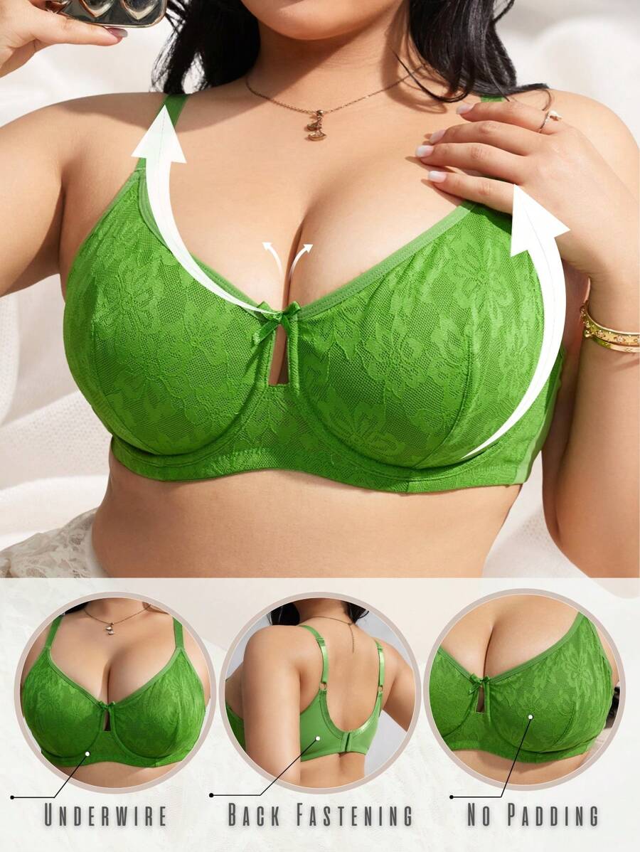 SHEIN 1 件大码女士蕾丝支撑内衣文胸套装 - 綠色 - 查看 1