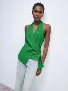 Maija 女式新款春夏白色金属扣假日优雅现代都市日常休闲上衣适合外出参加节日聚会和约会穿着老款90年代女装波西米亚风 - 綠色 - 查看 5