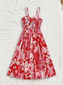 Soleia Váy midi chữ A thắt nơ cổ chữ V, dây mảnh cho kỳ nghỉ dành cho nữ WYWH, váy liền thân không tay họa tiết hoa nhiệt đới màu hồng và đỏ - Hồng - Xem 2