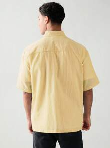 SWAVVY 男士休闲条纹短袖宽松衬衫，春夏，学校 - 黃色 - 查看 2
