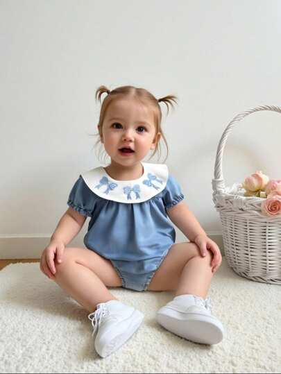 1 件装 婴儿和小女孩休闲可爱蓝色编织水洗短袖圆领连体衣