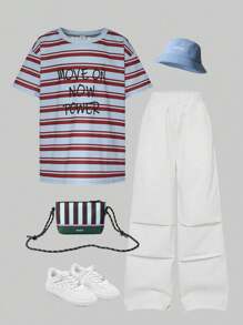 SHEIN Tween Boys Blue White Stripe Summer Casual City Break Letter Print Round Neck Short Sleeve T-Shirt And Loose Long Pants Set,Energetic Sports Outfit - Multicolor - View 1