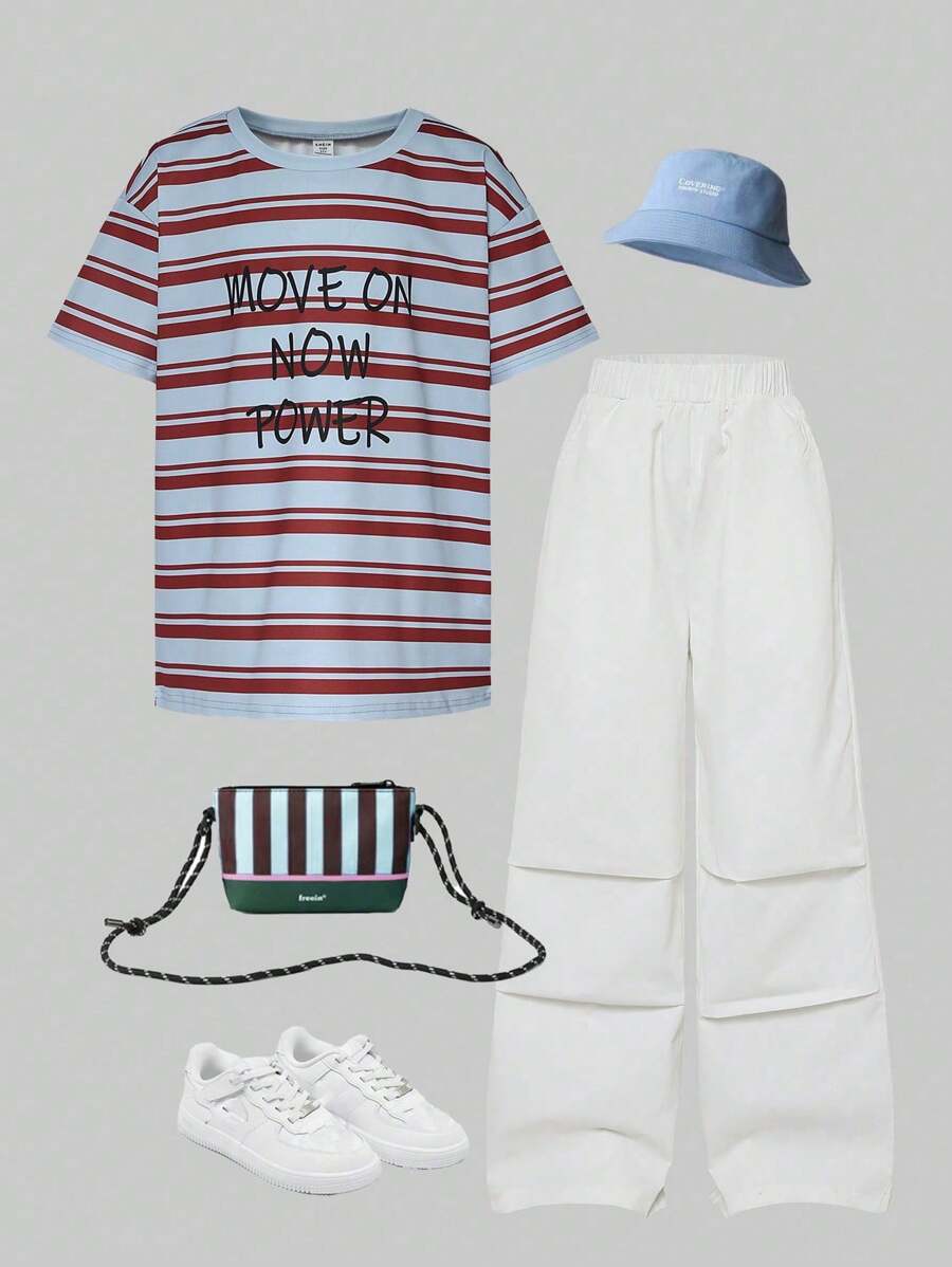 SHEIN Tween Boys Blue White Stripe Summer Casual City Break Letter Print Round Neck Short Sleeve T-Shirt And Loose Long Pants Set,Energetic Sports Outfit - Multicolor - View 1