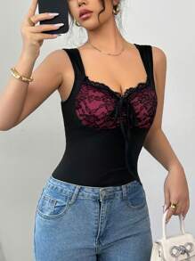 Chiquease Elegant Sexy Lace Splice Underwire Strap Camisole With Bowknot Detail For Women, Spring/Summer