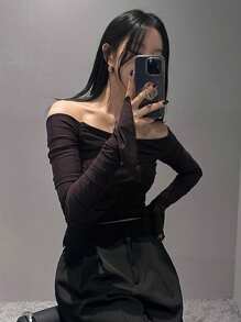 DAZY Women's Solid Color Oblique Open Shoulder Wrap Short Sleeve T-Shirt, Spring/Summer/Autumn,Off Shoulder Top Long Sleeve Women Tops,Fall Women Clothes Crop Women Tops