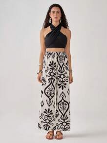 Florisole Bohemian Vacation Bez Ramiączek Crop Top & Szerokie Spodnie 2 Częściowy Zestaw Dla Kobiet