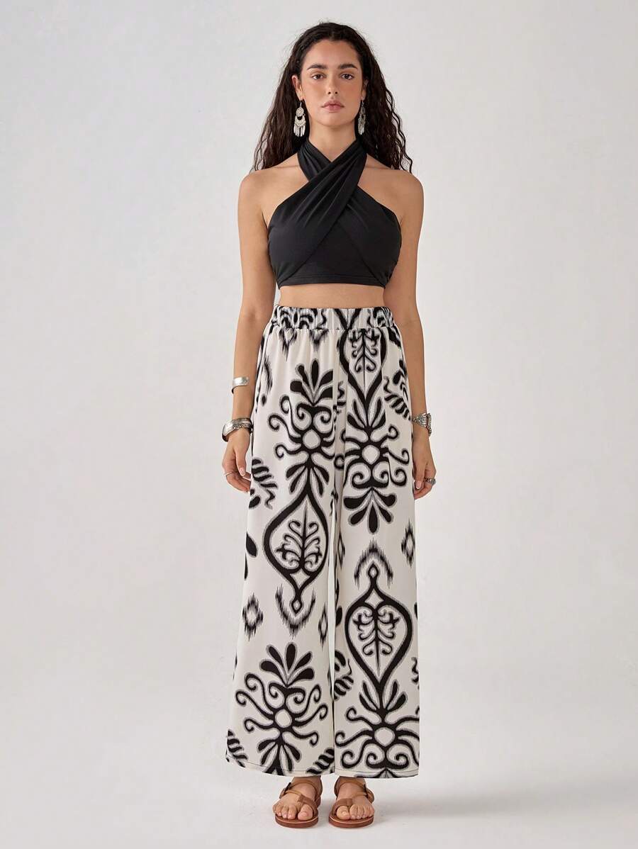 Florisole Bohemian Vacation Bez Ramiączek Crop Top & Szerokie Spodnie 2 Częściowy Zestaw Dla Kobiet