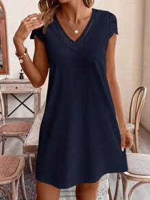 SHEIN Frenchy Solid Color Splicing Water Soluble Lace Loose Fit Dress Summer Dress, Boho, Floral Dress, Summer Outfits, Casual Dress, Elegant Dress,Tea Party Dress,Summer Dresses For Women