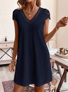SHEIN Frenchy Solid Color Splicing Water Soluble Lace Loose Fit Dress Summer Dress, Boho, Floral Dress, Summer Outfits, Casual Dress, Elegant Dress,Tea Party Dress,Summer Dresses For Women