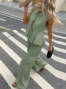 2pcs/Set Women Solid Color Front Tie Sleeveless Shirt And Pants Set,Business Casual Woman,Summer Sets Green - Green - View 3
