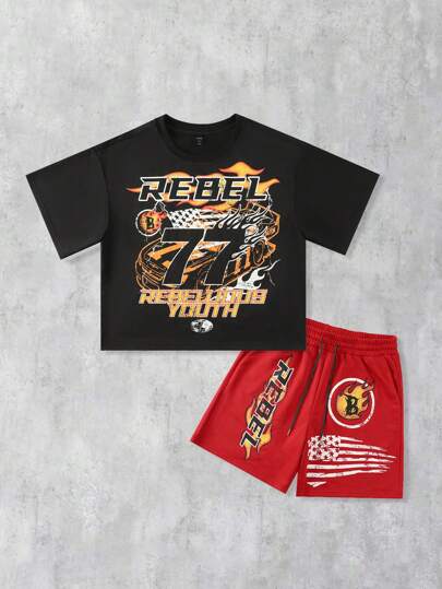 Prep Conjunto de camiseta holgada y corta estampada para hombres