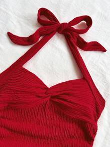 Soleia 女士红色系带扭结露背上衣，合身吊带背心，适合度假、节日、约会、下午茶、音乐节、波西米亚风 - 紅色 - 查看 6