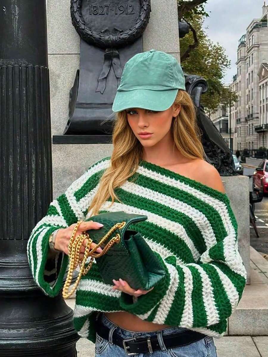 SHEIN EZwear Women Autumn/Winter Striped Asymmetrical Neck Long Sleeve Knitted Sweater Fall - Multicolor - View 1