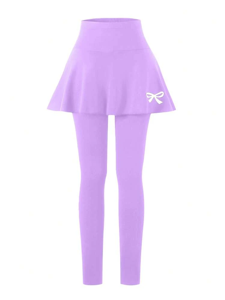 Holiday,Summer,TravelTween Girl Leggings, Casual Elegant Skort Decorated With Bow Pattern, Suitable For Spring, Summer, Autumn, Can Wear For Outings - Purple - View 1
