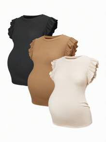 SHEIN Maternity Solid Color Round Neck Cap Sleeve Casual Ribbed T-Shirt - Khaki - View 1