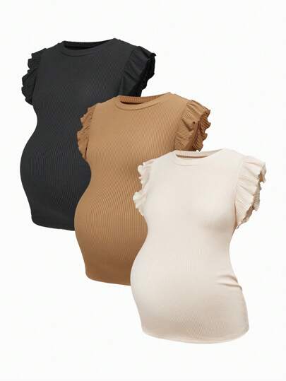 SHEIN Maternity Solid Color Round Neck Cap Sleeve Casual Ribbed T-Shirt