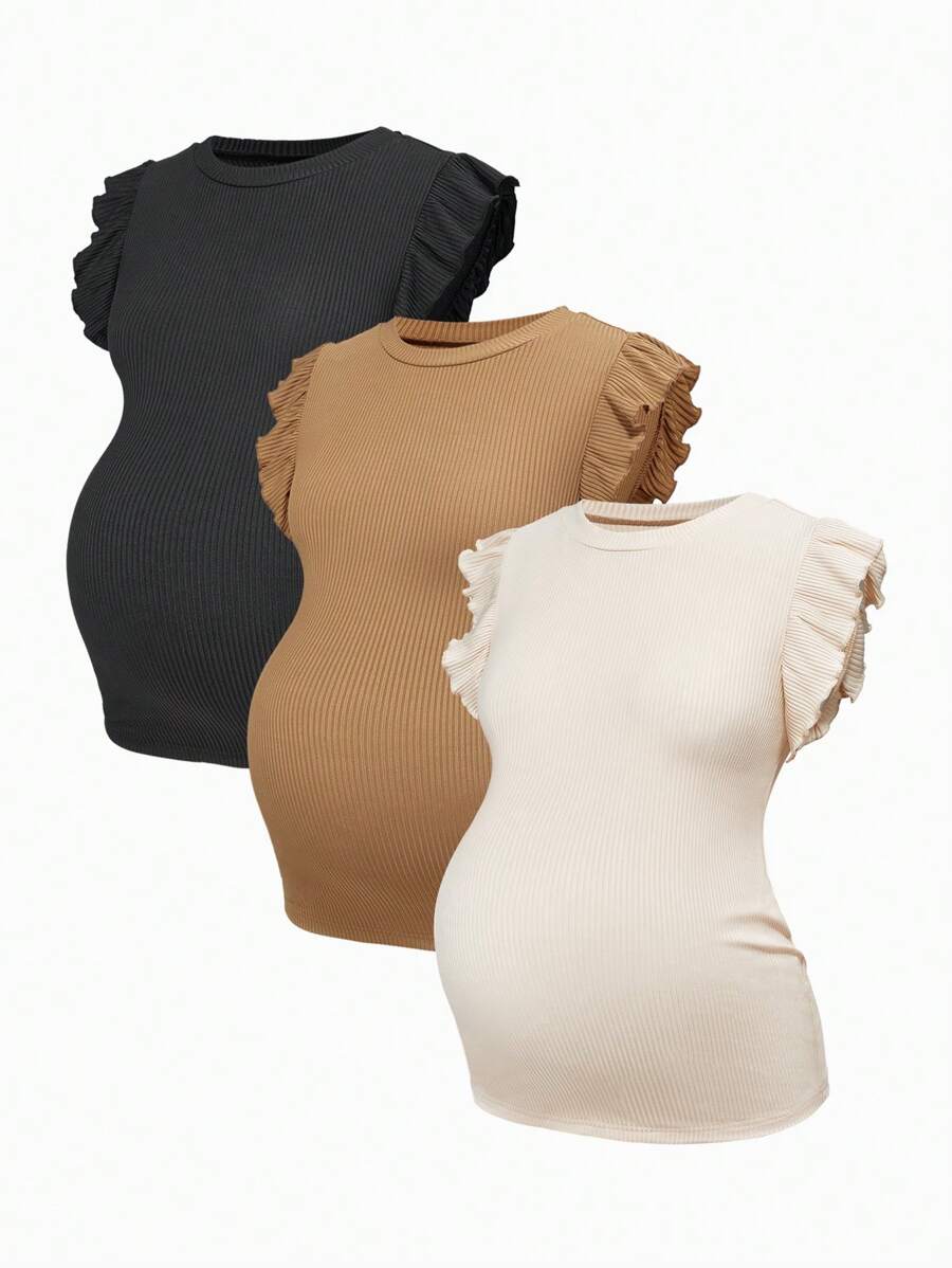 SHEIN Maternity Solid Color Round Neck Cap Sleeve Casual Ribbed T-Shirt - Khaki - View 1