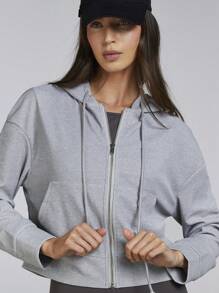 Athîral 女士纯色落肩长袖前拉链连帽运动衫 - 淺灰色 - 查看 5