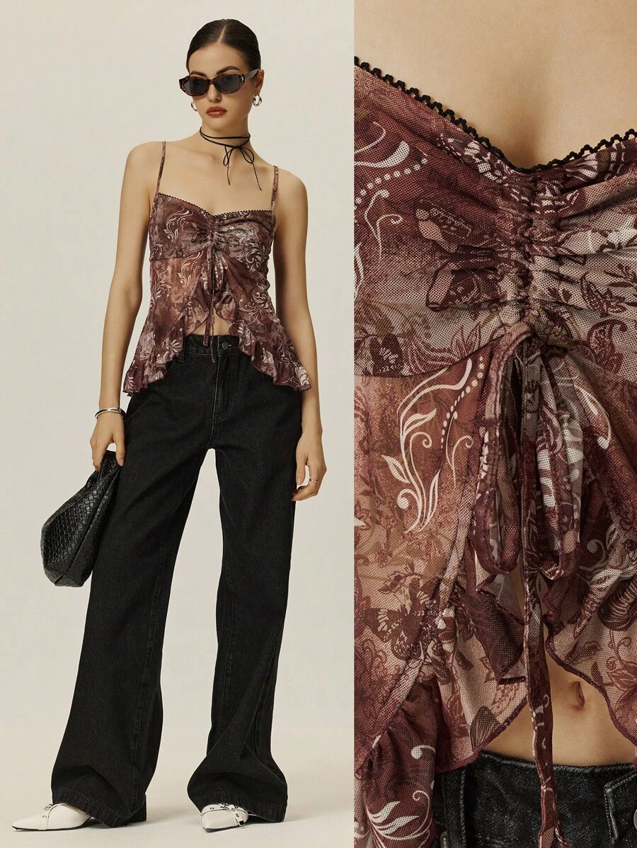 Poéselle 女士吊带背心棕色印花图案网眼吊带背心上衣抽绳荷叶边下摆不对称造型度假可爱衬衫棕色上衣女式上衣女式花卉印花抽绳前背心夏季女式夏季上衣 - 咖啡棕 - 查看 1