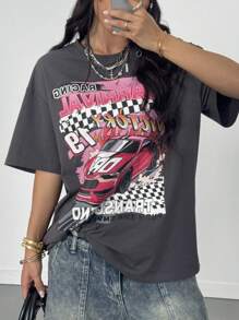 SHEIN EZwear 女士春季汽车和字母印花圆领 T 恤 - 灰色 - 查看 3