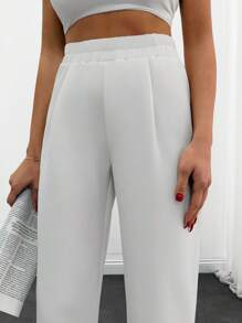 EURMUSE ELASTICAL MID WAIST PLEATED STRAIGHT LONG PANT - White - View 4