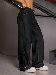 Jeanoix 女式黑色翻边纽扣洗水阔腿牛仔裤