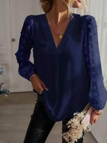 Plus Size Women Solid Color V-Neck Elegant Long Sleeve Top Fall Cloth For Women - Navy Blue - View 3