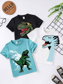 3pcs Young Boys Leisure Street Japanese And Korean Cute Loose Card Cute Cartoon Dinosaur Printed Round Neck Short Sleeve T-Shirt Multi Piece Set Suitable For Daily Travel, Sports, Home Vacation Wearing Suitable For Spring And Summer Festivals