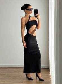 EgrlEra Women Cut Out Elegant Sexy Mesh Asymmetrical Neck Dress - Black - View 3