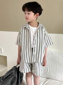 Dazy Kids 2 件套幼儿男童条纹短袖衬衫和短裤休闲装，夏季 - 白色 - 查看 5