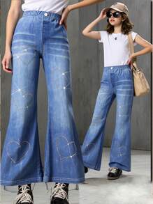 WESTFADE Young Pantalones acampanados de punto elástico con estampado de corazones con rhinestones para niñas preadolescentes, estilo casual de moda callejera inspirado en Y2K