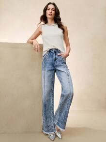 Anewsta 女士镶钻宽松修身直筒牛仔裤 - 藍色 - 查看 2