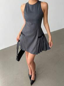 Aloruh Women's Casual Dark Grey Mini Dress: Sleeveless Round Neck Woven Fabric Dress With Zipper And Flared Hem - Dark Grey - View 5