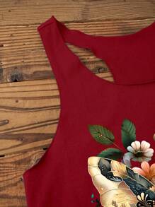 SHEIN LUNE Áo hai dây cổ tròn họa tiết bướm và hoa dành cho nữ, thích hợp mặc mùa hè đi học, kiểu dáng thường ngày. - Màu Đỏ Sâu - Xem 4