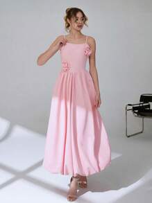 CLARA VERO Women Solid Color 3D Rose Detailed Dress - Pink - View 6