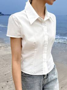SHEIN EZwear Women's Solid Color Short Sleeve Button Front Collared Casual Top, Everyday Wear