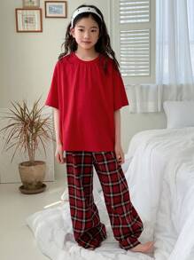 Dazy Kids 女童圆领纯色短袖T恤+梭织格子裤家居服，春夏 - 紅色 - 查看 1