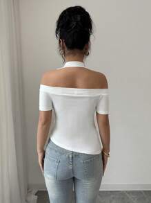 Elenzga Halter Neck Halterneck Slim Fit Cropped T-Shirt With Angled Hem - White - View 2