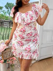 DreamSkyne Vestido corto ajustado de verano para mujer de tallas grandes, romántico y elegante, con estampado de gasa de hombros descubiertos y volantes en el bajo - Multicolor - Ver 5
