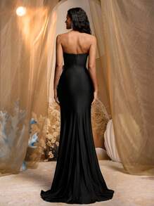 Glamrae 优雅黑色亮面针织筒形连衣裙，深 V 领，新颖的领口形状，鱼尾形状，侧面高开衩，可拆卸的白色立体蝴蝶结，适合约会、生日、成人礼、派对、毕业典礼和返校季节、晚间舞会礼服。、派对礼服、婚礼宾客礼服、礼服、晚礼服 - 黑色 - 查看 3