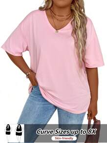 SHEIN CURVE+ Plus Size Women's Solid Color V-Neck Drop Shoulder Casual Loose T-Shirt Top - Pink - View 1