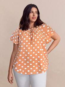 SHEIN Clasi Plus Size Women Dot Print Tie Neck Ruffle Sleeve Blouse