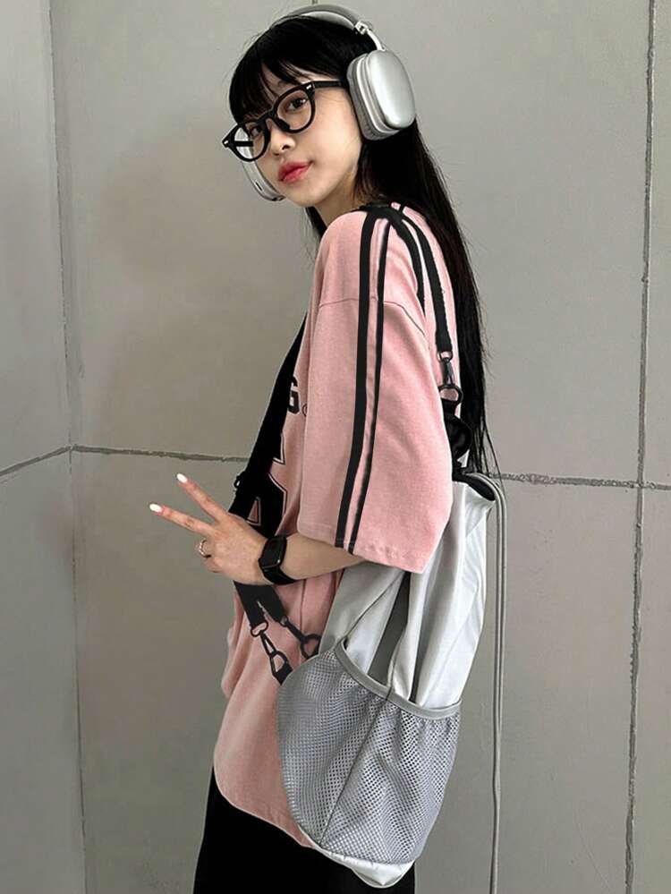 Women Colorblock Short Sleeve Letter Print Oversized T-Shirt, Spring/Summer Graphic Tees Women