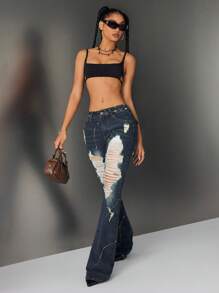 SHEIN ICON Low Waist Retro Washed Women's Flare Jeans - Dark Wash - View 4