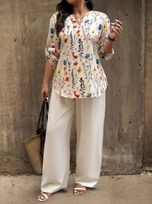 EMERY ROSE 2pcs Plus Size Floral Printed Vacation/Casual Shirt And Pants Set - Multicolor - View 1