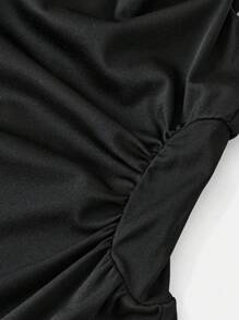 SHEIN Tween Girls' Solid Color Square Neck Ruched Casual Elegant Wide-Strap Midi Knit Dress - Black - View 4
