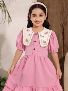 SHEIN Ferienkleider, Sommerkleider, Reisekleider für Kleine Mädchen, reizende kurze Ärmel Kleider mit Ditsy Blumen Stickerei Kragen Patchwork, passend für Schule, Ausflüge, Picknick, Frühling & Sommer - Lila - Übersicht 5