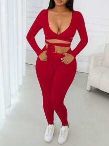 SHEIN VaVaLuxe 2 件套舒适休闲 V 领交叉蝴蝶结长袖上衣和褶皱腰带紧身裤，粉色 - 紅色 - 查看 7
