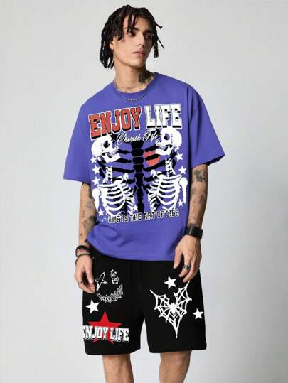 Goth Herren Set aus Totenkopf-Muster Rundhals Kurzarm Top und Shorts